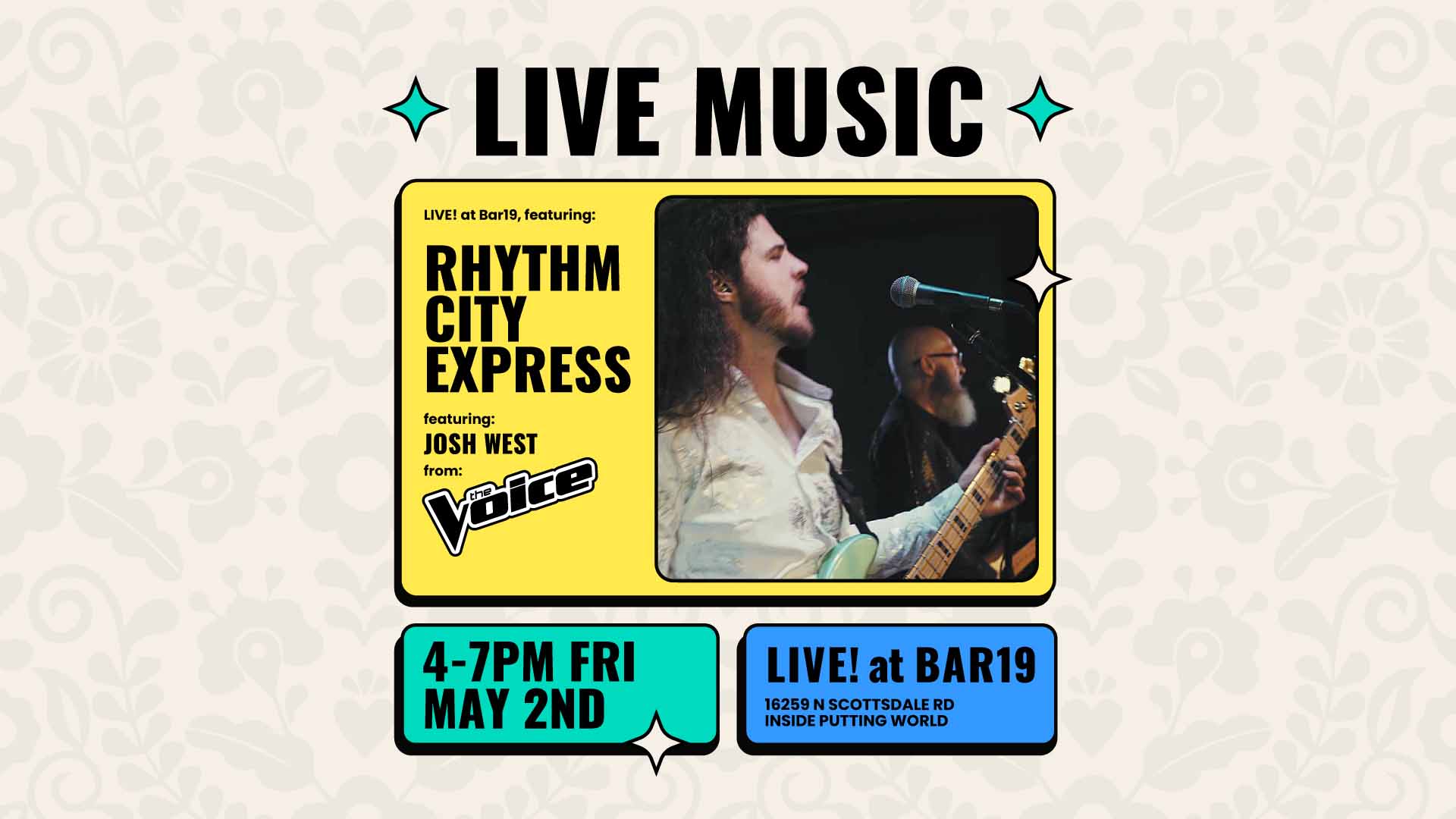 Live music at Bar19 featuring Rhythm City Express May 2nd 2025