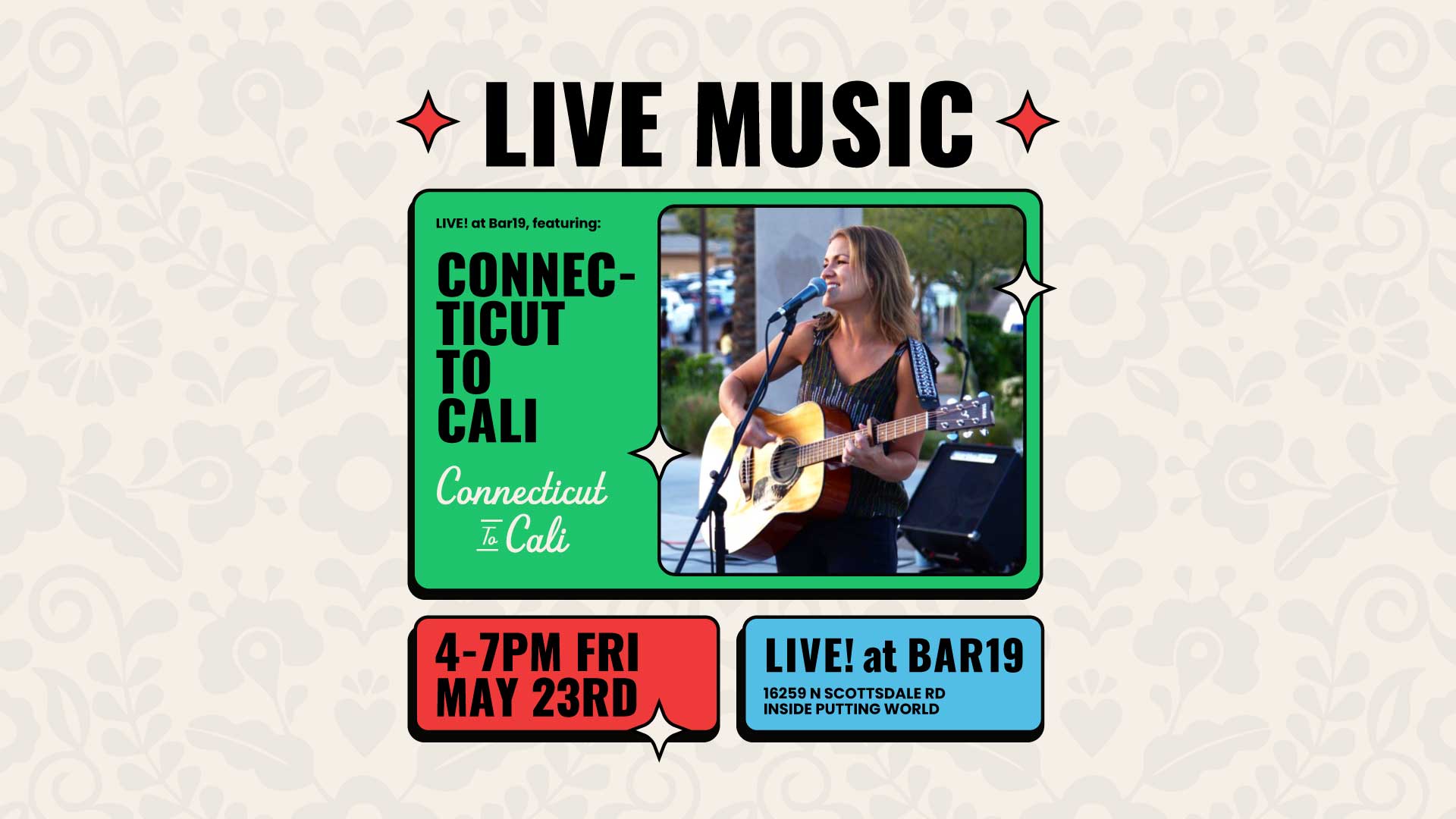 Live music at Bar19 featuring Connecticut to Cali May 23rd 2025