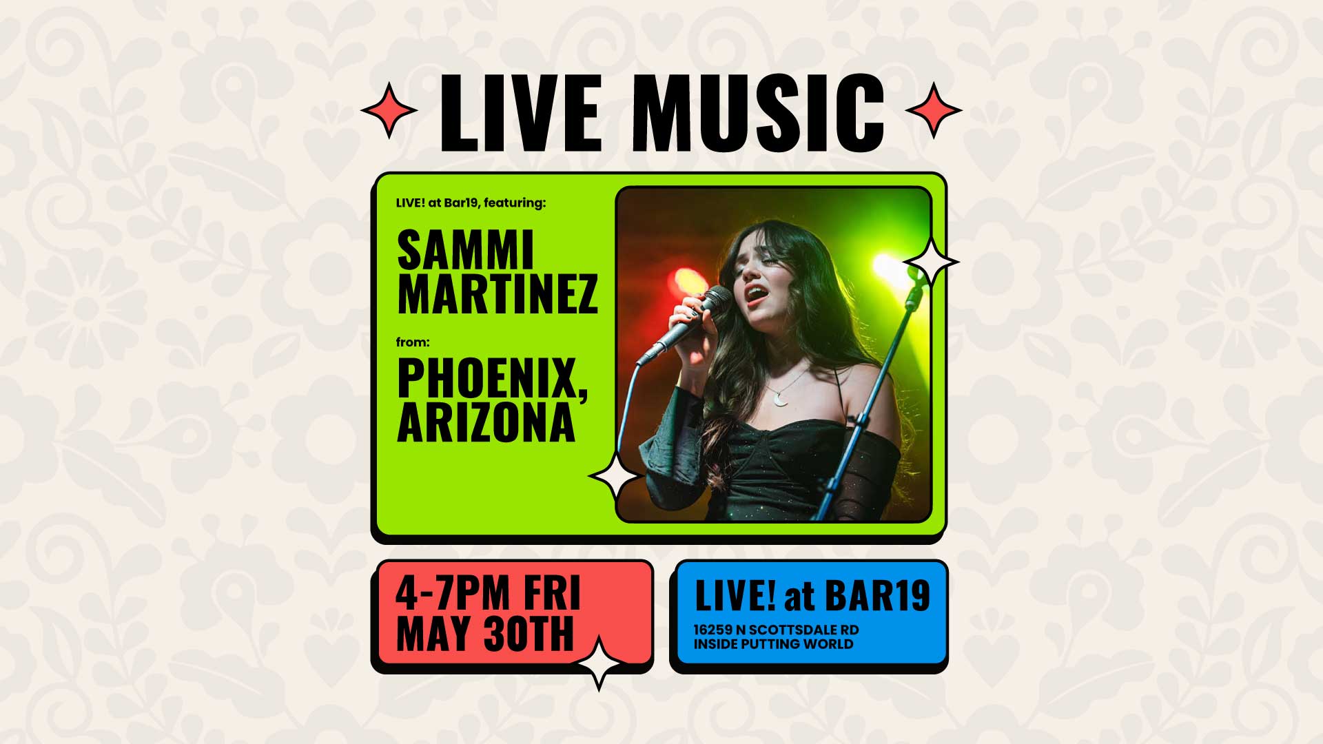 Live music at Bar19 featuring Sammi Martinez May 30th 2025