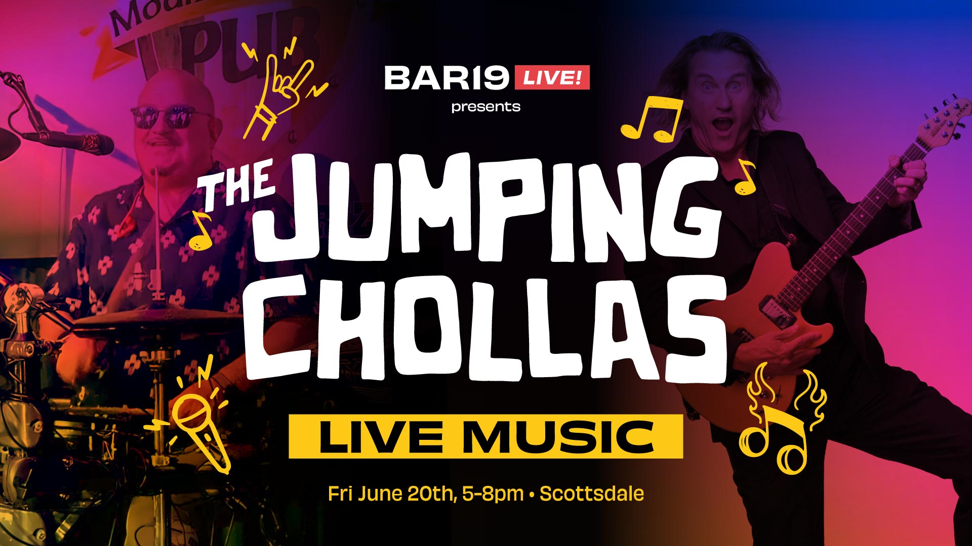 Live music at Bar19 featuring The Jumping Chollas June 20th 2025