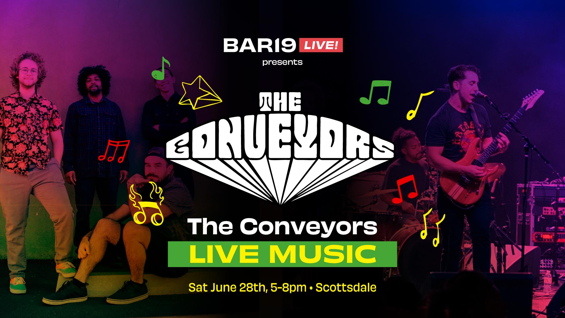 Live music at Bar19 featuring The Conveyors June 28th 2025