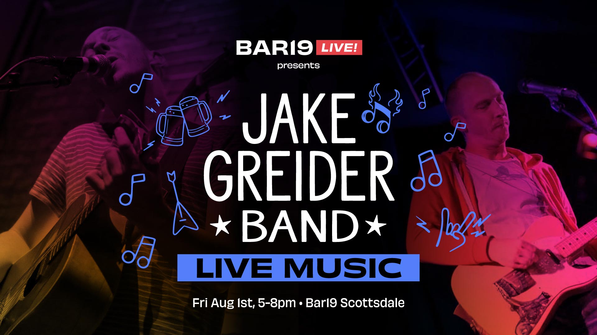 Live music at Bar19 featuring Jake Greider Aug 1 2025